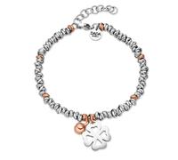 Dada Gioielli - Pulsera de mujer con trébol de cuatro hojas, ángel cutode árbol de la vida, mujer con campana 17+3 cm (Trébol Plata + Rosas)
