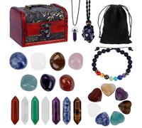 Dadabig 28 Piezas Naturales Cristales Curativos Set, Juego de Cristales Curativos Naturales con Caja del Tesoro Vintage, 21 Piedras Preciosas de Cristal, Piedras y Cristales, Piedras de Relajación