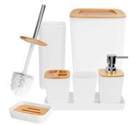 Dadabig Accesorios de Baño de Bambú, Juego de 7 Accesorios de baño, Dispensador de Jabón, Soporte para Cepillos de Dientes, Vaso de Enjuague y Jabonera (Blanco)