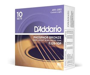 D'Addario Cuerdas Guitarra Acustica - Cuerdas de Guitarra - Cuerdas de Guitarra Acustica - EJ26-10P - Custom Light, 11-52 - 10-Paquete, 10-Pack