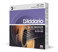Cuerdas D'Addario para guitarra acústica, 80/20 Bronce, EJ13-3D, Custom Light Gauge 11-52, juego de 6 cuerdas, paquete de 3