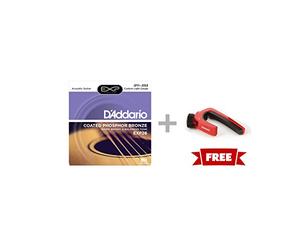 D'Addario EXP26 12 - 53 Phosphor Coated Bronze Light Acoustic Guitar Strings with Limited Edition Red Planet Waves PW-CP-07 Capo Lite (Pack of 2)