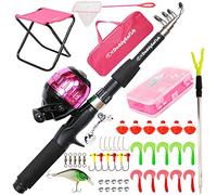 Daddy Go Fish Niños Caña de Pescar telescópica Spincast Combo Silla Plegable Soporte de Varilla Caja de Aparejos Red de Cebo Bolsa de Transporte Niños Niñas - Rosa, 5ft