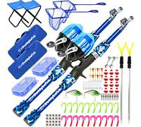 DaddyGoFish Niños Caña de Pescar telescópica Spincast Combo Silla Plegable Soporte de Varilla Caja de Aparejos Red de Cebo Bolsa de Transporte Niños Niñas 2 Paquetes, Azul + Azul, 4ft