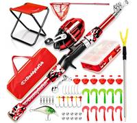 DaddyGoFish Niños Caña de Pescar telescópica Spincast Combo Silla Plegable Soporte de Varilla Caja de Aparejos Red de Cebo Bolsa de Transporte Niños Niñas - Rojo, 4ft