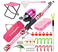 DaddyGoFish Niños Caña de Pescar telescópica Spincast Combo Silla Plegable Soporte de Varilla Caja de Aparejos Red de Cebo Bolsa de Transporte Niños Niñas - Rosa, 5ft