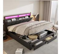 DADEA - Cama acolchada de 180 x 200 cm, 2 cajones, cama tapizada con LED, camas para adultos, maletero con cabecera de cama doble acolchada con iluminación marco delito doble caja con somier cama 2