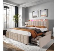 DADEA Cama Matrimonio 180x200 con 4 Cajones, Camas Matrimoniales con LED y USB, Cama Tapizada 180x200 con AlmacenajeCama CapitonadaCama de Matrimonio Tapizado Camas Adultos con Cabecero, Sin colchón
