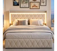 DADEA Cama Tapizada 140x200 con Almacenaje, Cama Doble Matrimonio Moderna con LED y USB, Camas Matrimoniales Tapizadas con CanapéCama Canape 140x200 con Cabecero Camas Adultos con Somier, Sin colchón