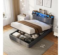 DADEA Cama tapizada para cama doble de 140 x 200, cama hidráulica de 140 x 200 cm, con cajón acolchado, cama de almacenamiento con luz LED, cabecero con somier, cama juvenil, sin colchón
