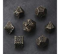 Dados de destrucción sin fin de oro deslustrado, juego de dados de metal poliédrico, nudos celtas, extra pesados y grandes para DND DnD5e TTRPG mesa RPG Dice Ranger Bárbaro Druida Rogue Dice