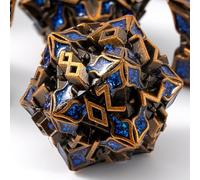 Dados de metal para DND - Serie Spire Sanctum - Juego de dados poliédricos para D&D, RPG y más - Rollos equilibrados, hermoso juego de 7 piezas para Calabozos y Dragones (oro antiguo azul purpurina)