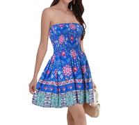 Daenery - Vestido Corto de Verano para Mujer, Mini, con Tirantes Finos, sin Mangas, Espalda Descubierta, Cintura Alta, Azul Rosa, M