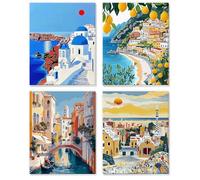 DAERLE 4 Pack Pintar por Numeros Niños Adultos con Marco, Pueblo costero precioso, DIY Cuadros para Pintar por Números, Parque y paisaje urbano, Pintura Acrilica Cuadro Artesanías de Arte, 20x25cm