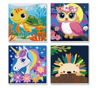DAERLE 4 Pack Pintar por Numeros Niños con Marco, Tortuga, búho, unicornio, erizo, DIY Pintura Acrílica DIY sobre Lienzo, Para Adultos Niños Principiantes, Decoración de Pared Salón Dormitorio 20x20cm