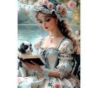 DAERLE Kit Pintura Diamante 5D, Dama elegante con vestido floral, Bordado Diamante DIY con Perlas Brillantes, Arte Manualidades para Adultos, Decoración Creativa para el Hogar 30x40 cm, Perro lindo