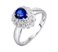 Daesar Anillo de Compromiso Mujer con Flor y Gota de Agua con Zafiro Creado de 1.09ct y Moissanita, Oro Blanco 9K, Talla 17(57mm), Anillo Alianza Plata Azul