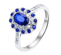 Daesar Anillo Mujer Prometida con Flor y Oval con Zafiro Creado de 0.921ct y Moissanita, Oro Blanco 14K, Talla 27(67mm), Anillos Matrimonio Plata Azul