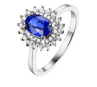 Daesar Anillo Mujer Prometida con Flor y Oval con Zafiro Creado de 1ct y Moissanita, Oro Blanco 18K, Talla 26(66mm), Anillos de Boda y Alianzas Plata Azul