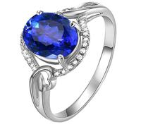 Daesar Anillo Mujer Prometido con 4 Garras Oval con Zafiro Creado de 3.2ct y Moissanita, Oro Blanco 14K, Talla 12(52mm), Anillo para Compromiso Plata Azul