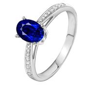 Daesar Anillo Prometida Mujer con 4 Garras Oval con Zafiro Creado de 0.52ct y Moissanita, Oro Blanco 14K, Talla 21(61mm), Anillo Prometido Plata Azul