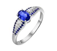 Daesar Anillo Prometida Mujer con 4 Garras Oval con Zafiro Creado de 0.784ct y Moissanita, Oro Blanco 9K, Talla 12(52mm), Anillo Alianza Plata Azul