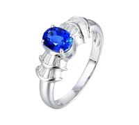 Daesar Anillo Prometida Mujer con 4 Garras Oval con Zafiro Creado de 1.1ct y Moissanita, Oro Blanco 18K, Talla 27(67mm), Anillo Matrimonio Plata Azul