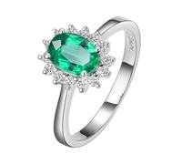 Daesar Anillo Prometida Mujer con Flor y Oval con Esmeralda Creada de 0.85ct y Moissanita, Oro Blanco 14K, Talla 14(54mm), Anillos de Compromiso Matrimonio Plata Verde