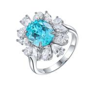 Daesar Anillo Prometida Mujer con Flor y Oval con Turmalina Paraiba Creada de 4.3ct y Moissanita, Oro Blanco 18K, Talla 11(51mm), Anillo Matrimonio Plata Azul Lago