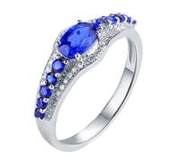 Daesar Anillo Prometida Mujer con Oval con Zafiro Creado de 1.02ct y Moissanita, Oro Blanco 9K, Talla 23(63mm), Anillos de Compromiso Matrimonio Plata Azul