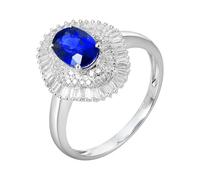 Daesar Anillo Prometida Mujer con Oval con Zafiro Creado de 1.35ct y Moissanita, Oro Blanco 18K, Talla 16(56mm), Anillos de Boda Plata Azul