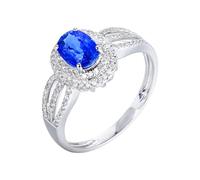 Daesar Anillo Prometido Mujer con 4 Garras Oval con Zafiro Creado de 1.2ct y Moissanita, Oro Blanco 9K, Talla 22(62mm), Anillo Alianzas Plata Azul