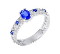 Daesar Anillos Mujer Prometida con 4 Garras Oval con Zafiro Creado de 0.75ct y Moissanita, Oro Blanco 14K, Talla 27(67mm), Anillo de Compromiso Plata Azul