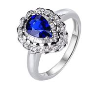 Daesar Anillos Mujer Prometida con Flor y Gota de Agua con Zafiro Creado de 1.4ct y Moissanita, Oro Blanco 14K, Talla 11(51mm), Anillo para Boda Plata Azul