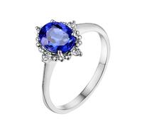 Daesar Anillos Mujer Prometida con Oval con Zafiro Creado de 1.3ct y Moissanita, Oro Blanco 9K, Talla 9(49mm), Anillo Alianzas Plata Azul