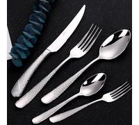 DAFFODILY® Juego De Cubiertos De Lujo - Cubiertos Acero Inoxidable, Cuberterias Completas, Cuchara, Tenedor, Cuchillo Chuletero, Servicio De Vajilla Martillado 18/10