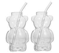 DAGLLGEW 2PCS Taza de Oso con Pajita 320ml/11oz Taza de Vidrio Transparente con Forma Linda con Pajita Vaso de Vidrio Apto para Microondas para Mujeres Hombres Niños Oso de Peluche