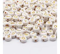DAHI 1000pcs Cuentas Blancas con Letras Doradas 4x7mm Abalorios Redondo con Alfabeto Acrílico Granos Decorativos Manualidades Bricolaje para Joyería Collar Pulsera Colgante