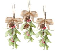 DAHI 3 adornos de muérdago artificial de Navidad con cinta, decoraciones de muérdago para colgar, muérdago artificial, conos de pino, decoración navideña, ramo de adornos