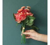 Dahlia Bouquet of Peonies, Wedding Bride Flower Artificial Home Bedroom Decoraciones de Mesa de Comedor Flor Falsa (Rojo)