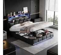 DAHUEN Cama baúl 140 x 190 con iluminación LED y USB, cama de matrimonio con cajón, barra de presión de aire, material PU, somier de láminas, negro (negro/1, 140 x 190 cm)
