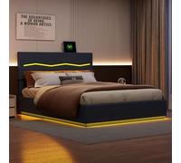DAHUEN Cama con espacio de almacenamiento, cama doble de 160 x 200 cm, función de carga USB, cabecero LED, tapizado con cajones, estructura de cama juvenil con somier, PU (negro, 160 x 200 cm)