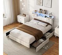 DAHUEN Cama de 140 x 200 cm con somier LED y USB, cama de 2 personas con 4 cajones grandes, marco de cama con somier de láminas y cabecero tapizado con somier con almacenamiento, terciopelo (Beige/F