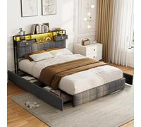 DAHUEN Cama de 140 x 200 cm con somier LED y USB, cama de 2 personas con 4 cajones grandes, marco de cama con somier de láminas y cabecero tapizado con somier con almacenamiento, terciopelo (gris/F
