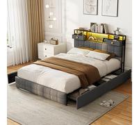 DAHUEN - Cama de 140 x 200 cm con somier LED y USB, cama de 2 personas con 4 cajones grandes, marco de cama con somier de láminas y cabecero tapizado tapizado somier con almacenamiento, terciopelo