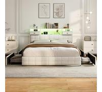 DAHUEN Cama de 160 x 200 cm con somier LED y USB, cama de 2 personas con 4 cajones grandes, marco de cama con somier de láminas y cabecero tapizado somier con almacenamiento, terciopelo (Beige-I, 160