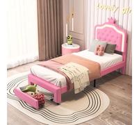 DAHUEN Cama infantil acolchada 90 x 200 cm, con luces LED, cama de princesa en forma de corona, cama individual acolchada con cajones, marco de cama individual con somier de láminas, PU (rosa, 90 x