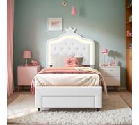 DAHUEN Cama infantil acolchada de 140 x 200 cm, con luces LED, cama de princesa en forma de corona, cama individual acolchada con cajones, marco de cama individual con somier de láminas, PU (blanco,