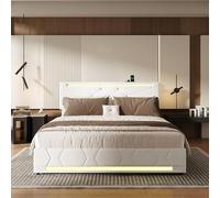 DAHUEN Cama Tapizada 140x190 cm con USB y Iluminación LED, Camas Matrimoniales con Almacenamiento Hidráulico, Cama Doble con Soporte de Láminas de Madera, Lino, Sin Colchon