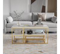 DAHUEN Juego de 2 mesas de café con espacio de almacenamiento, MDF con aspecto de mármol, mesa de sofá con estructura de metal, mesa de café de 2 niveles, mesa de café moderna para salón, balcón y